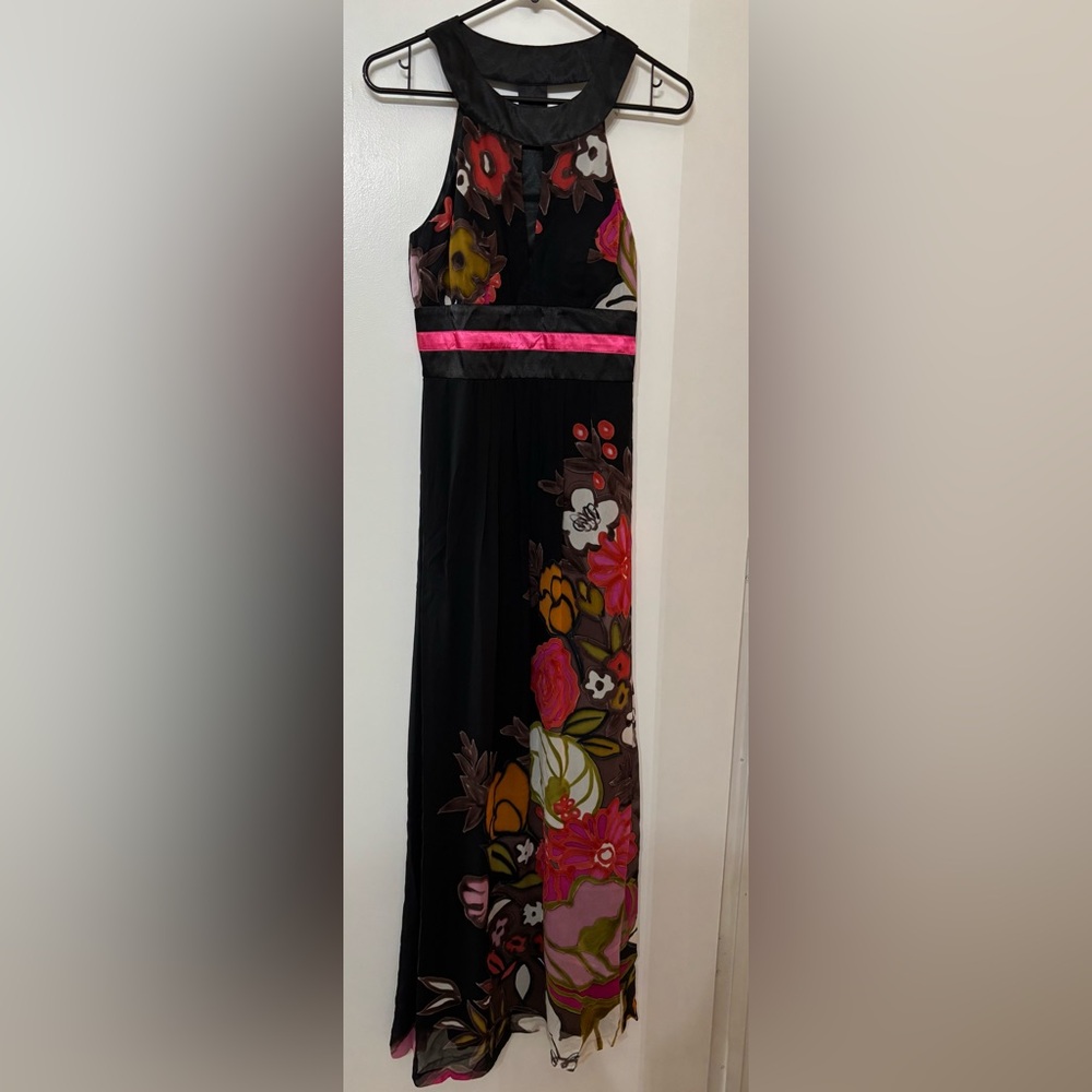 SUE WONG Women Sleeveless Silk Black Floral Print Long Maxi Dress Size 4